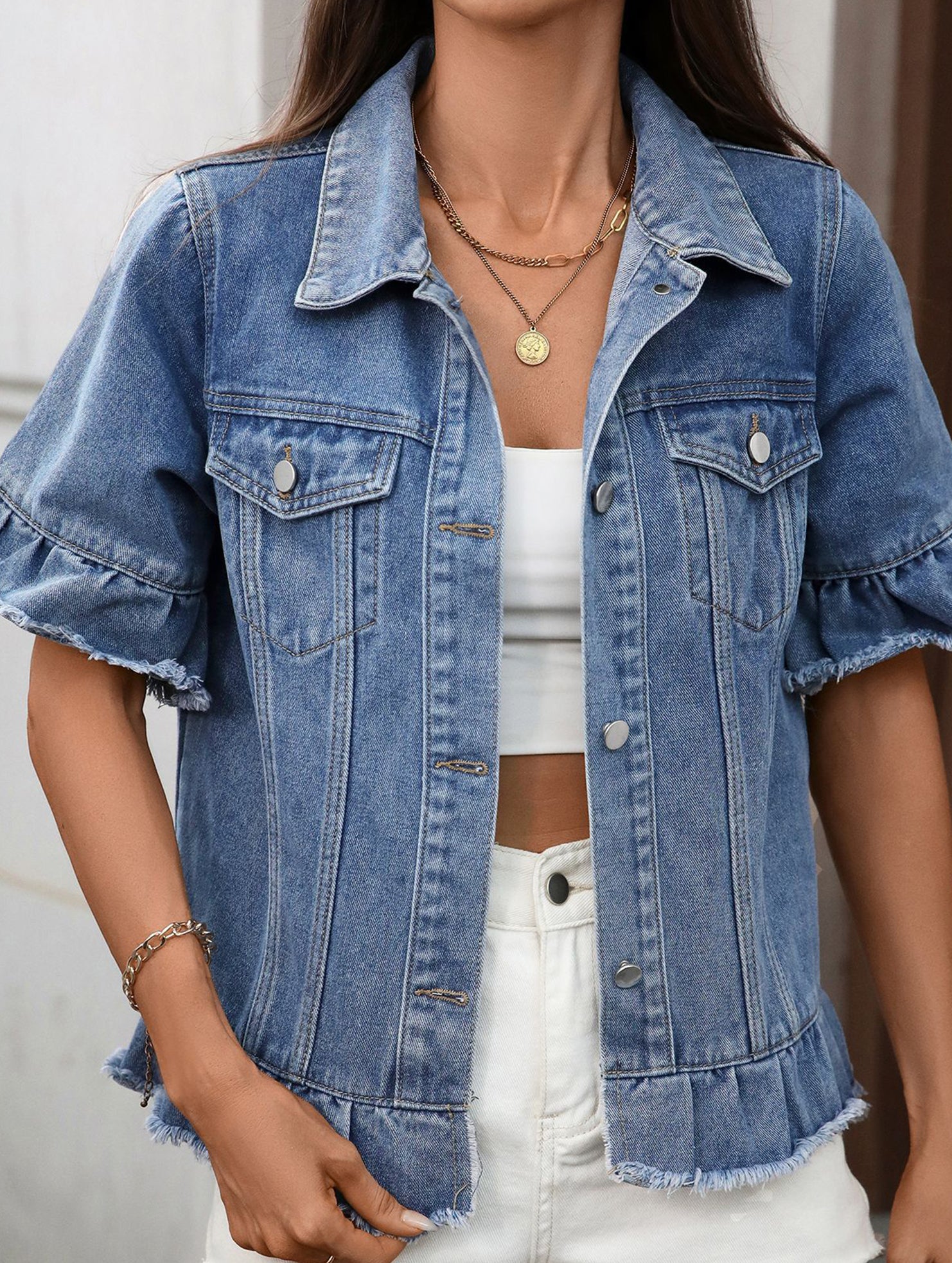 fringed hem short-sleeved denim jacket