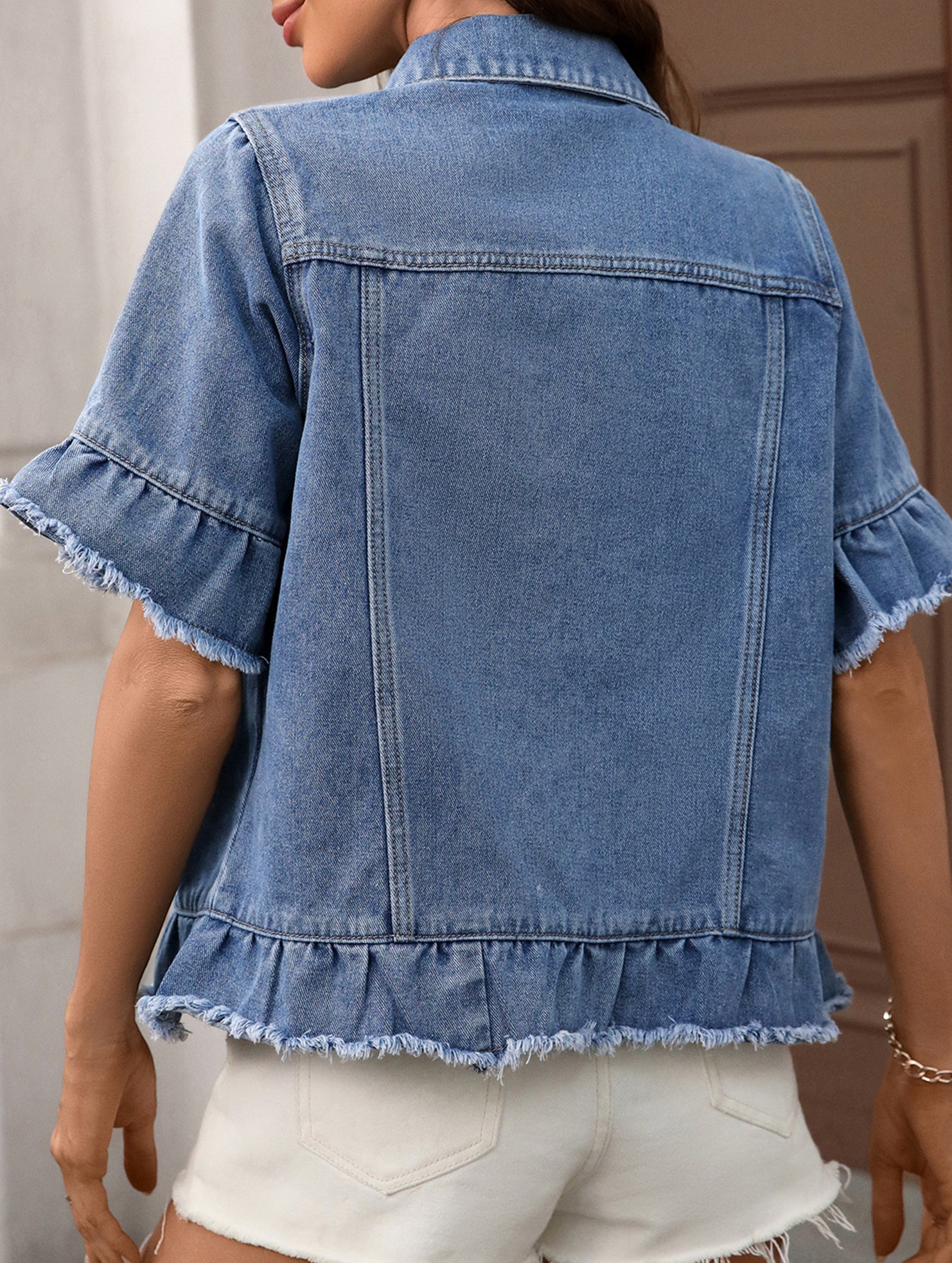 fringed hem short-sleeved denim jacket