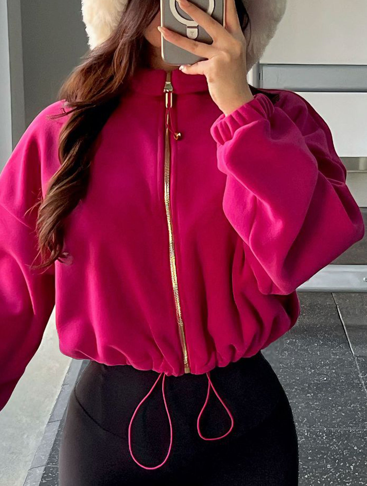 New fleece-lined warm drawstring sports jacket