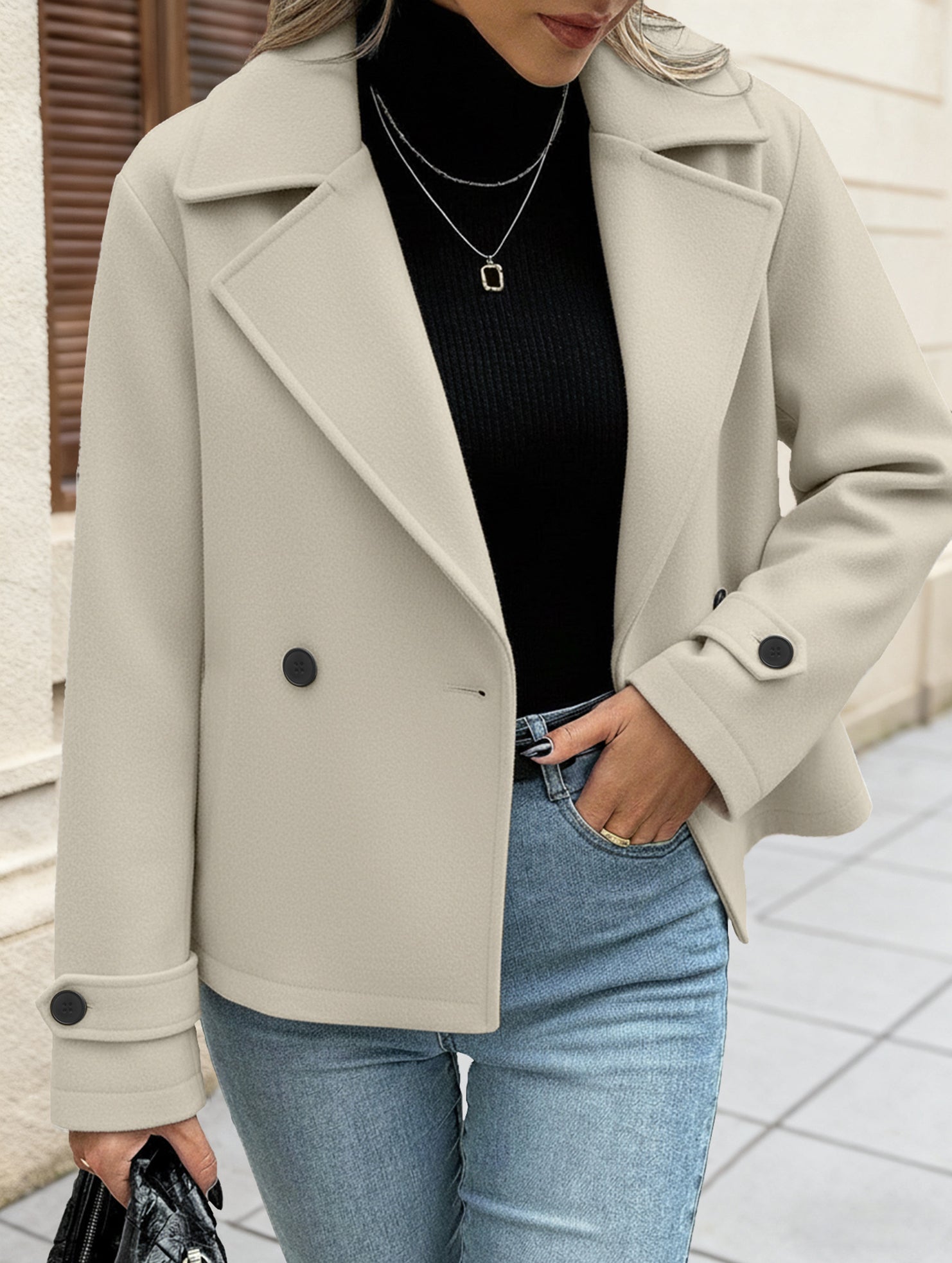 Simple double-breasted solid color coat