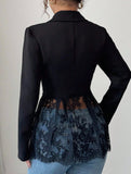 Color-blocked lace waist-cinching A-line suit jacket