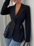 Color-blocked lace waist-cinching A-line suit jacket