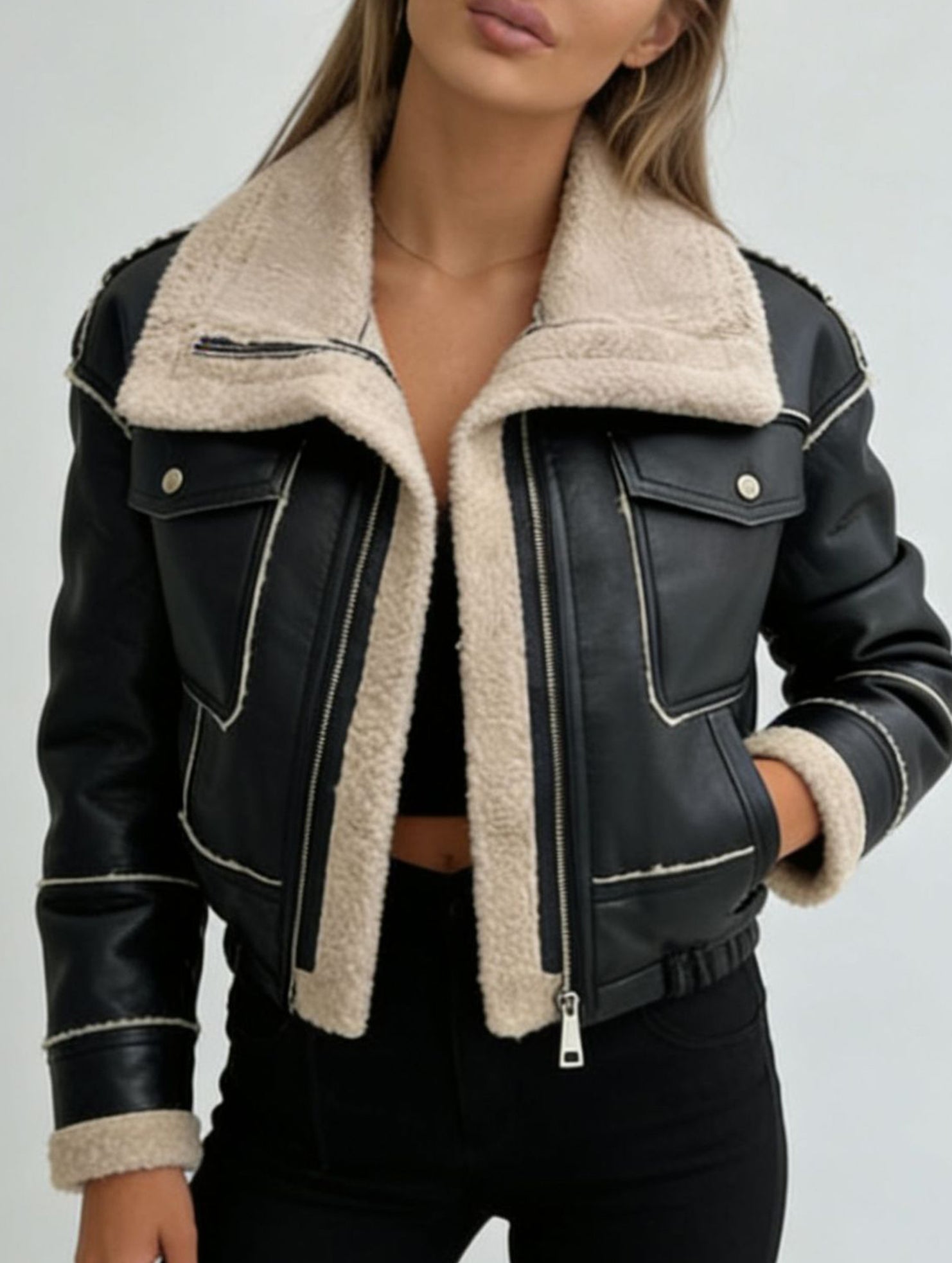 Short zippered motorcycle style PU leather jacket