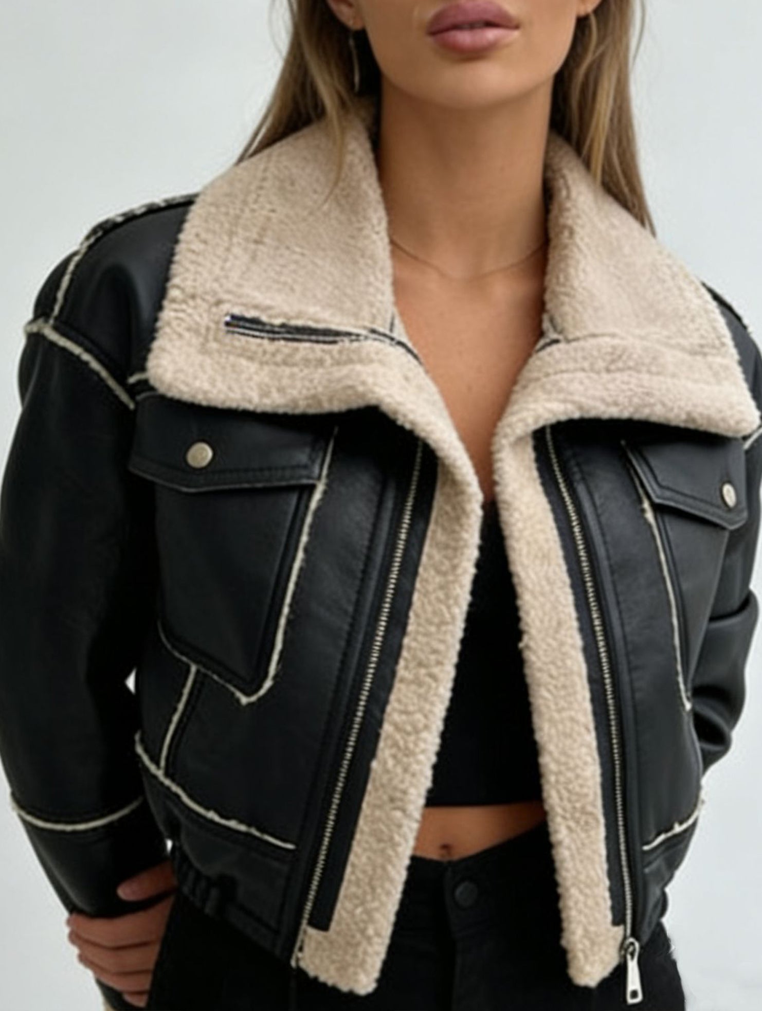 Short zippered motorcycle style PU leather jacket