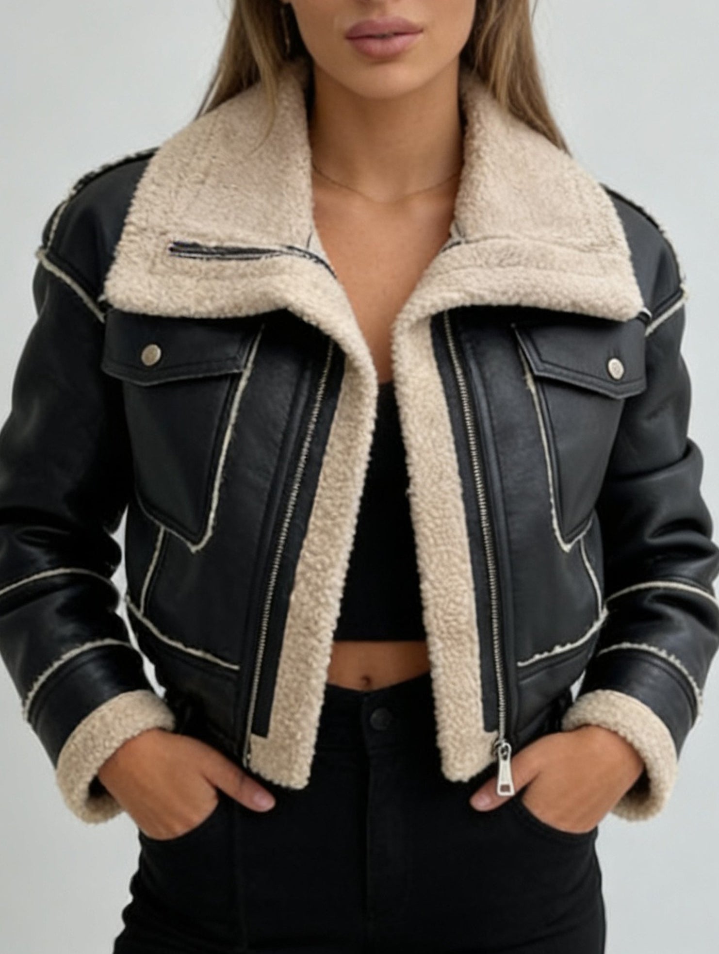Short zippered motorcycle style PU leather jacket