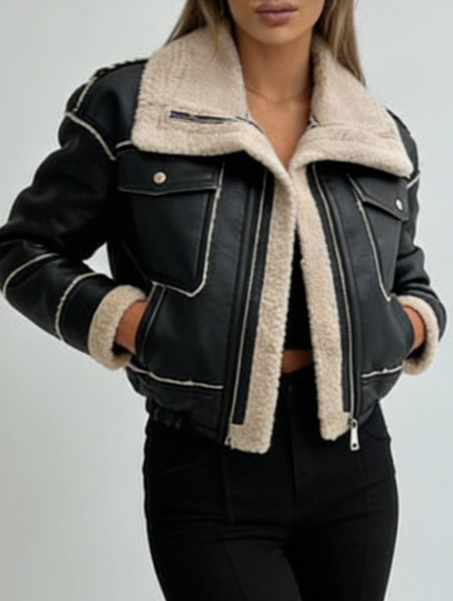 Short zippered motorcycle style PU leather jacket