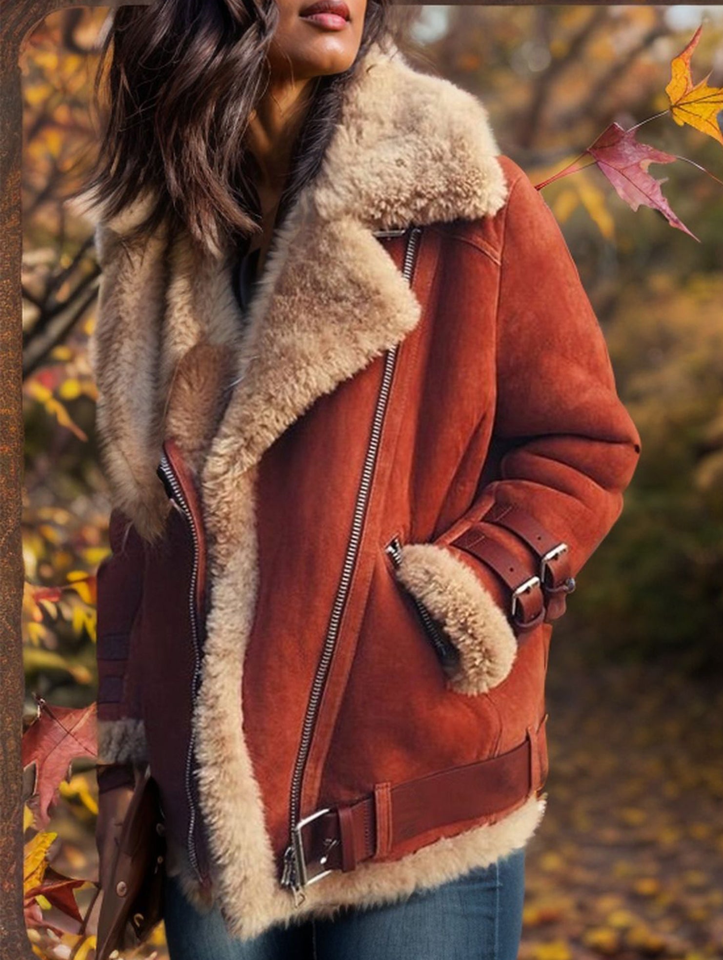 Simple and warm fur-lined cotton coat with lapel