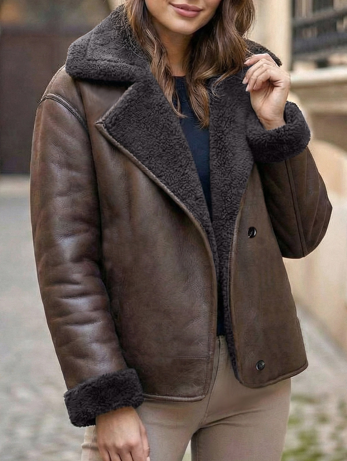 Lapel loose-fitting shearling warm jacket