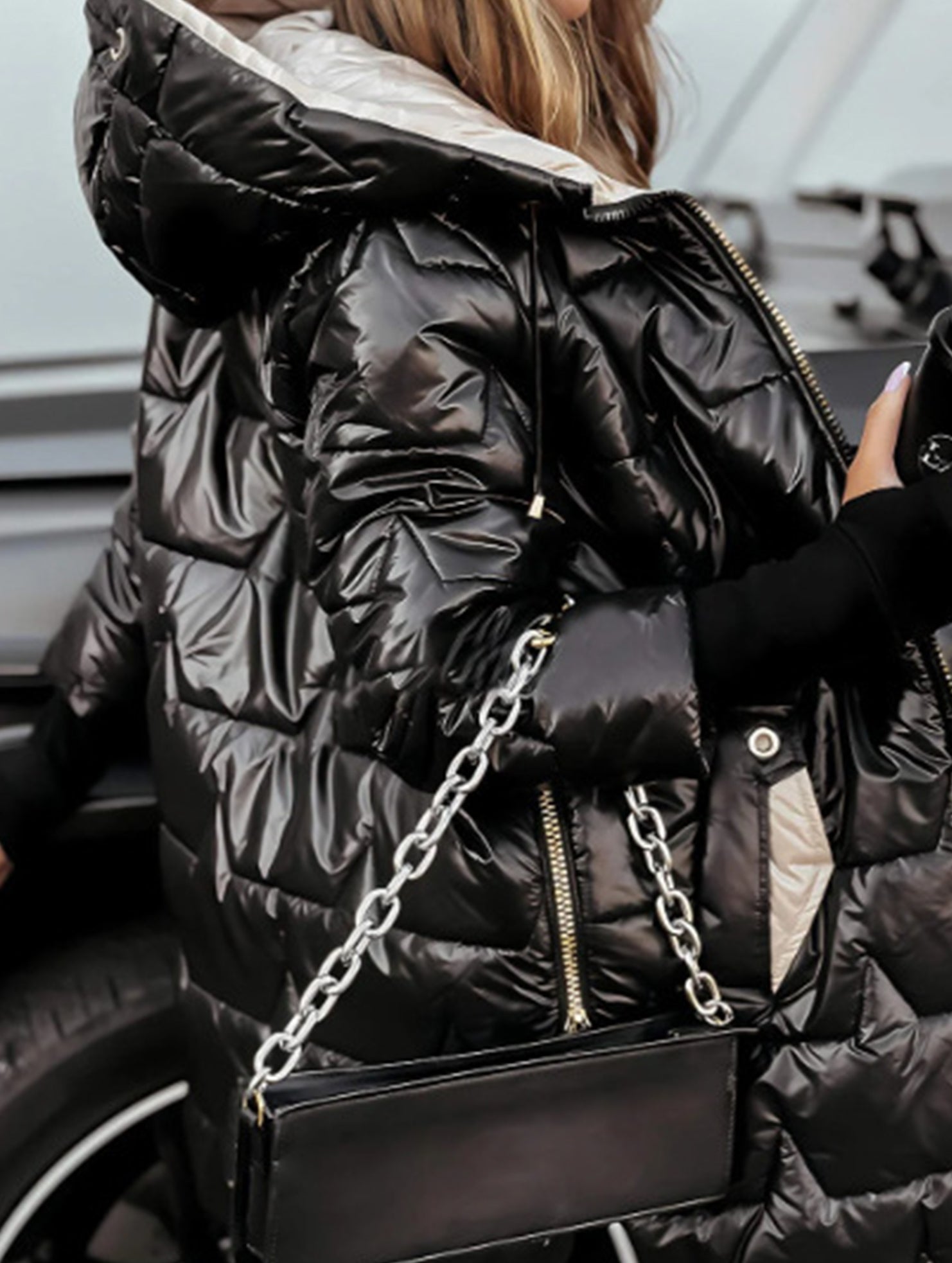 Hooded mid-length three-zip cotton coat