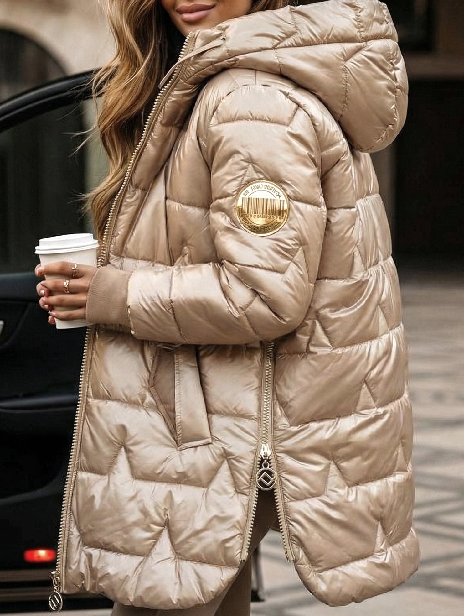 Hooded mid-length three-zip cotton coat