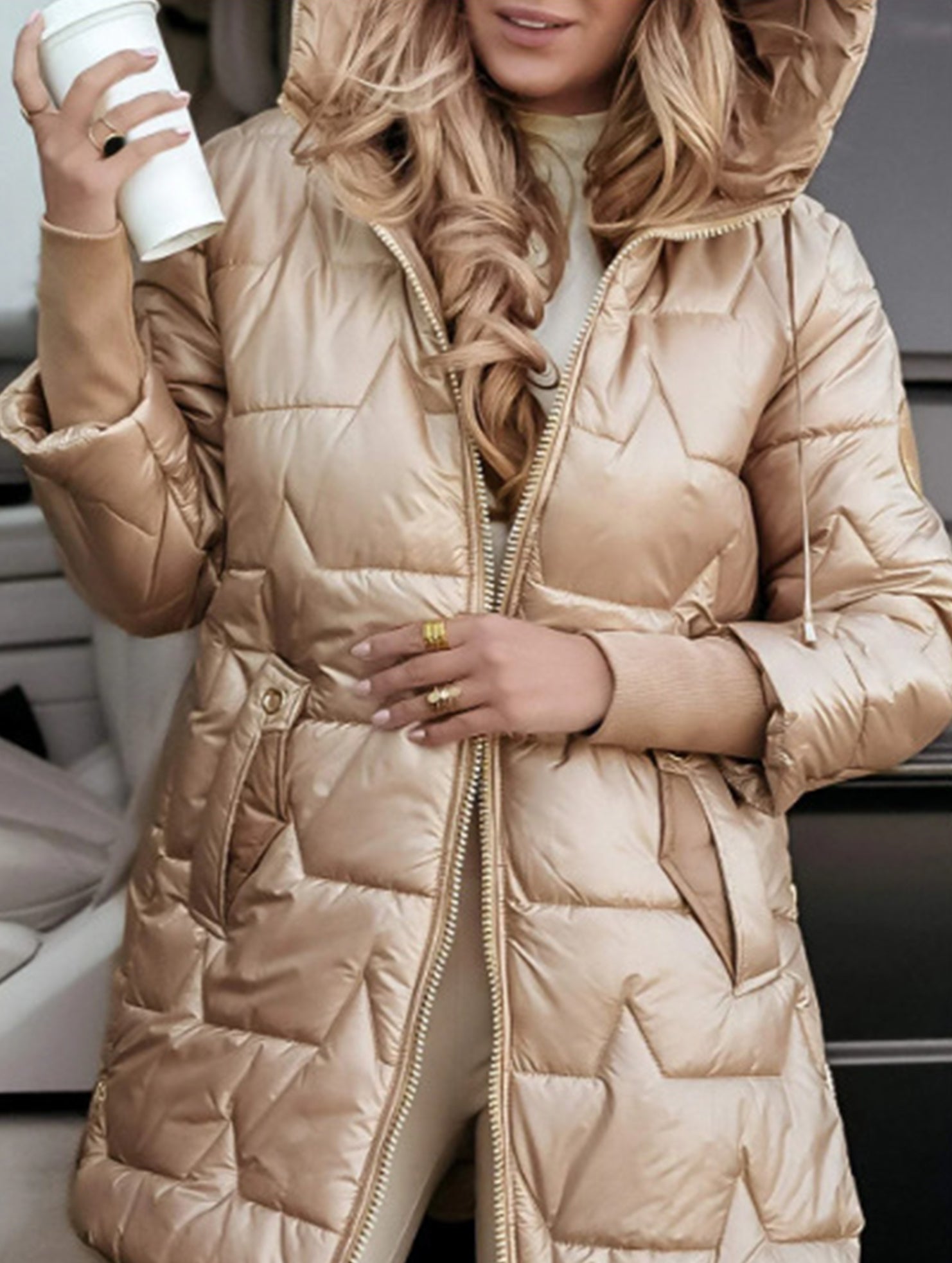 Hooded mid-length three-zip cotton coat