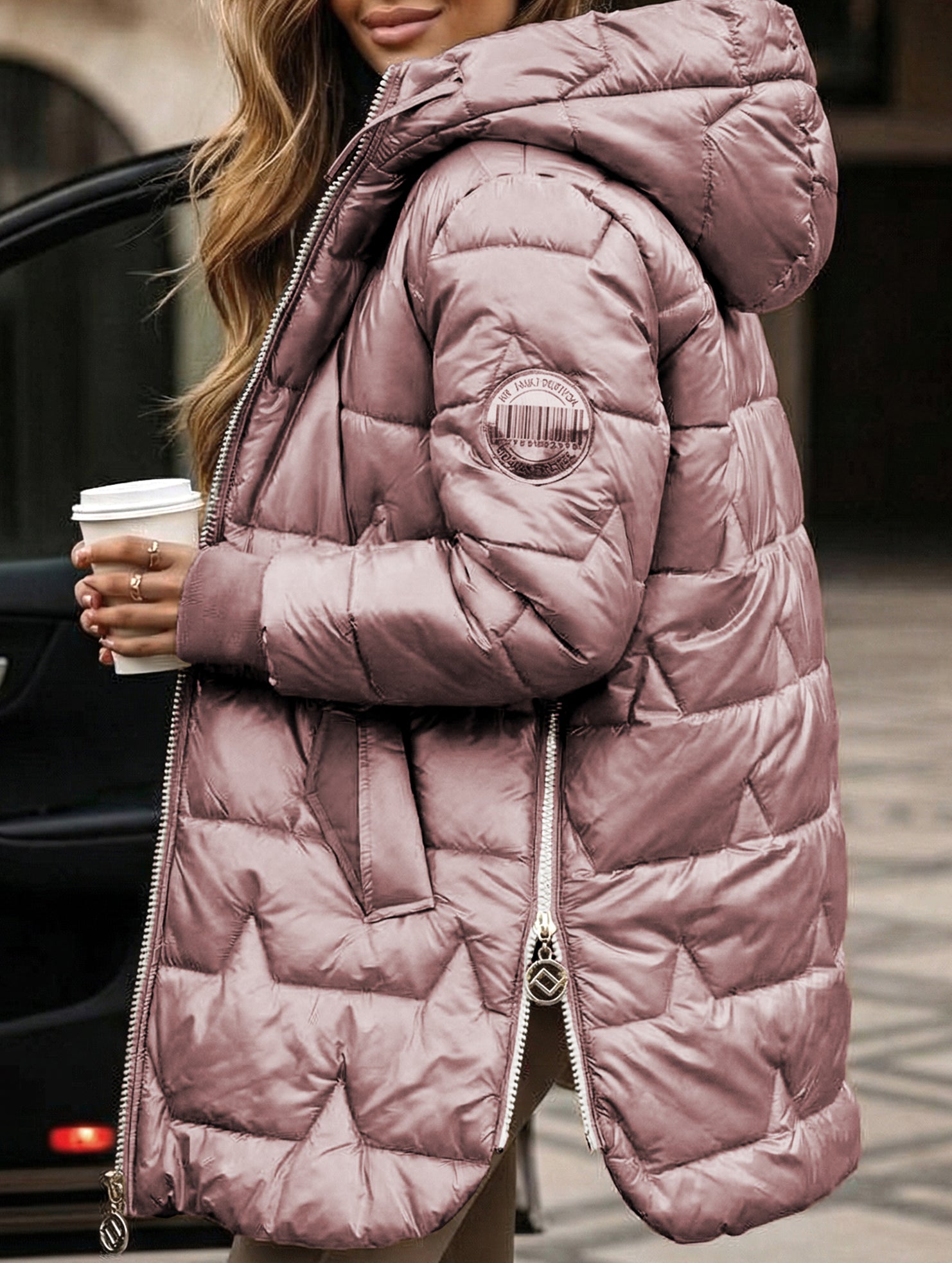 Hooded mid-length three-zip cotton coat