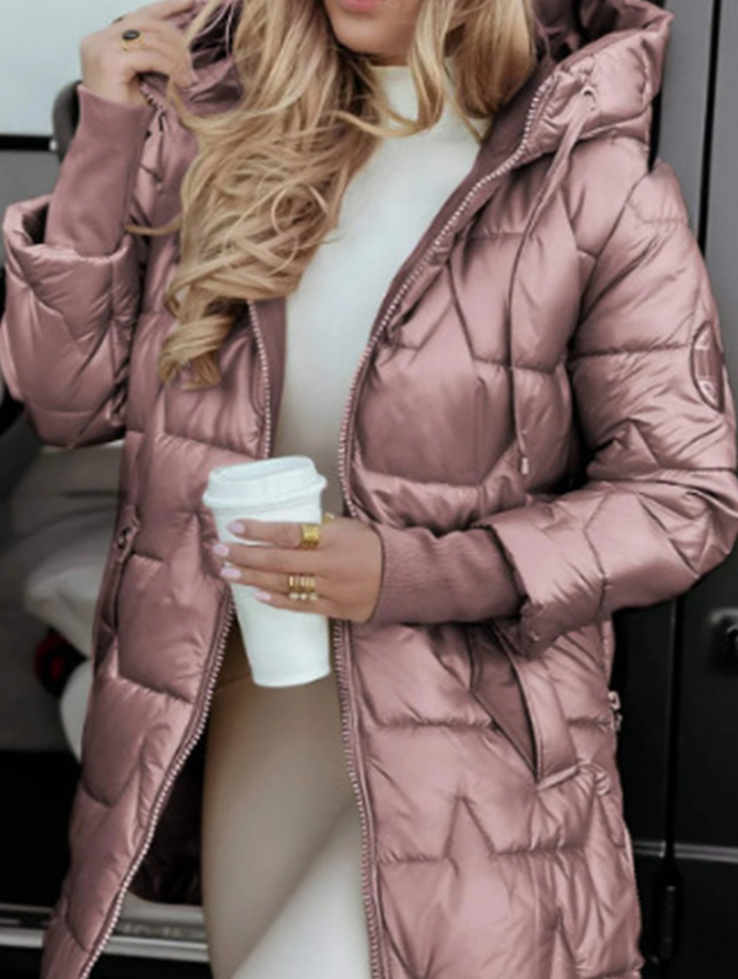 Hooded mid-length three-zip cotton coat