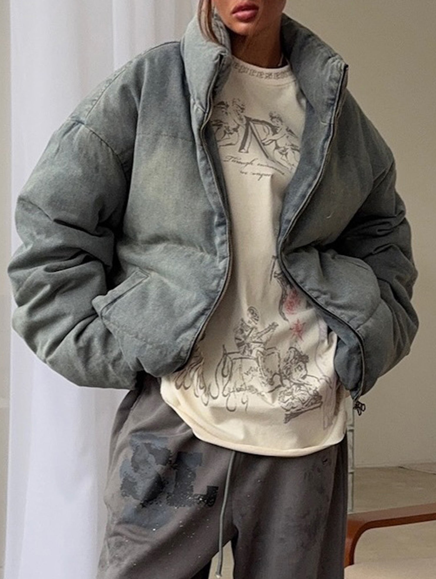 Retro-style warm stand-up collar thick cotton coat