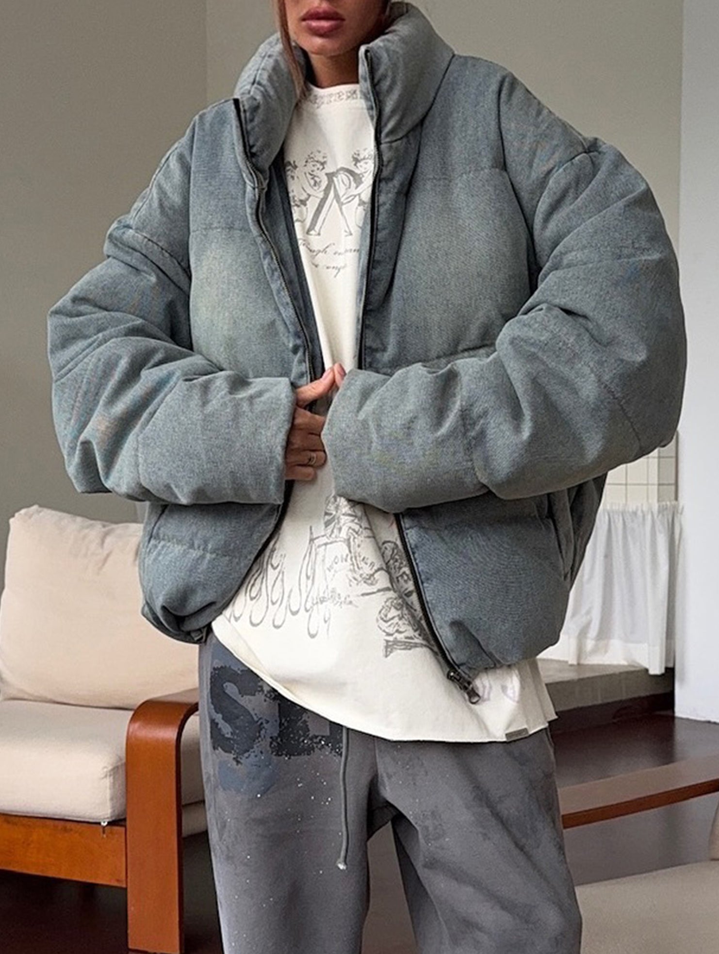 Retro-style warm stand-up collar thick cotton coat