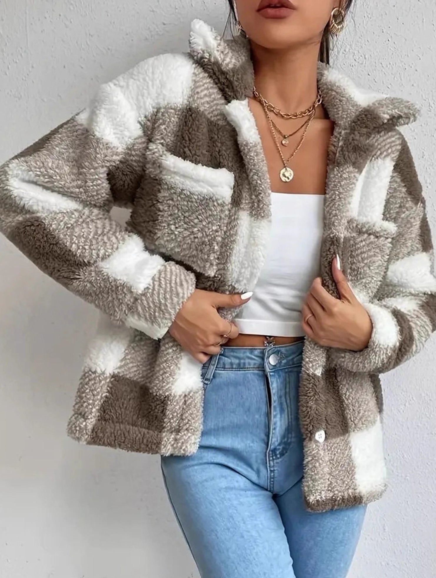 Plaid Cropped Fleece Jacket