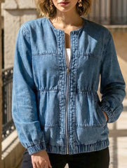 Washed loose-fitting crew neck zip-up denim jacket_CWOJA01692