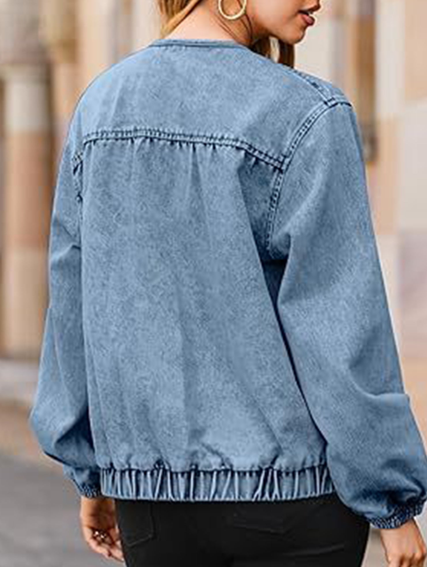 Washed loose-fitting crew neck zip-up denim jacket_CWOJA01692