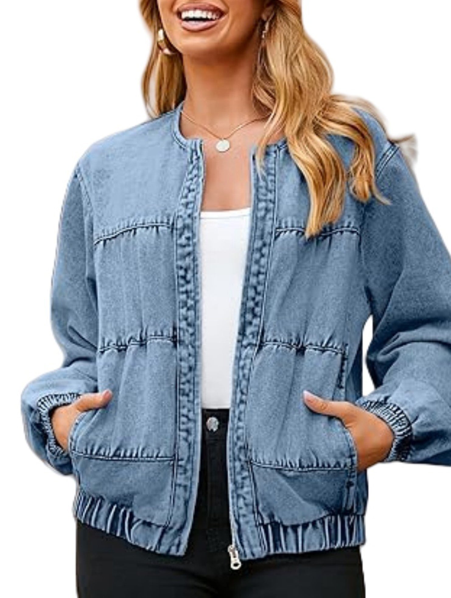 Washed loose-fitting crew neck zip-up denim jacket_CWOJA01692