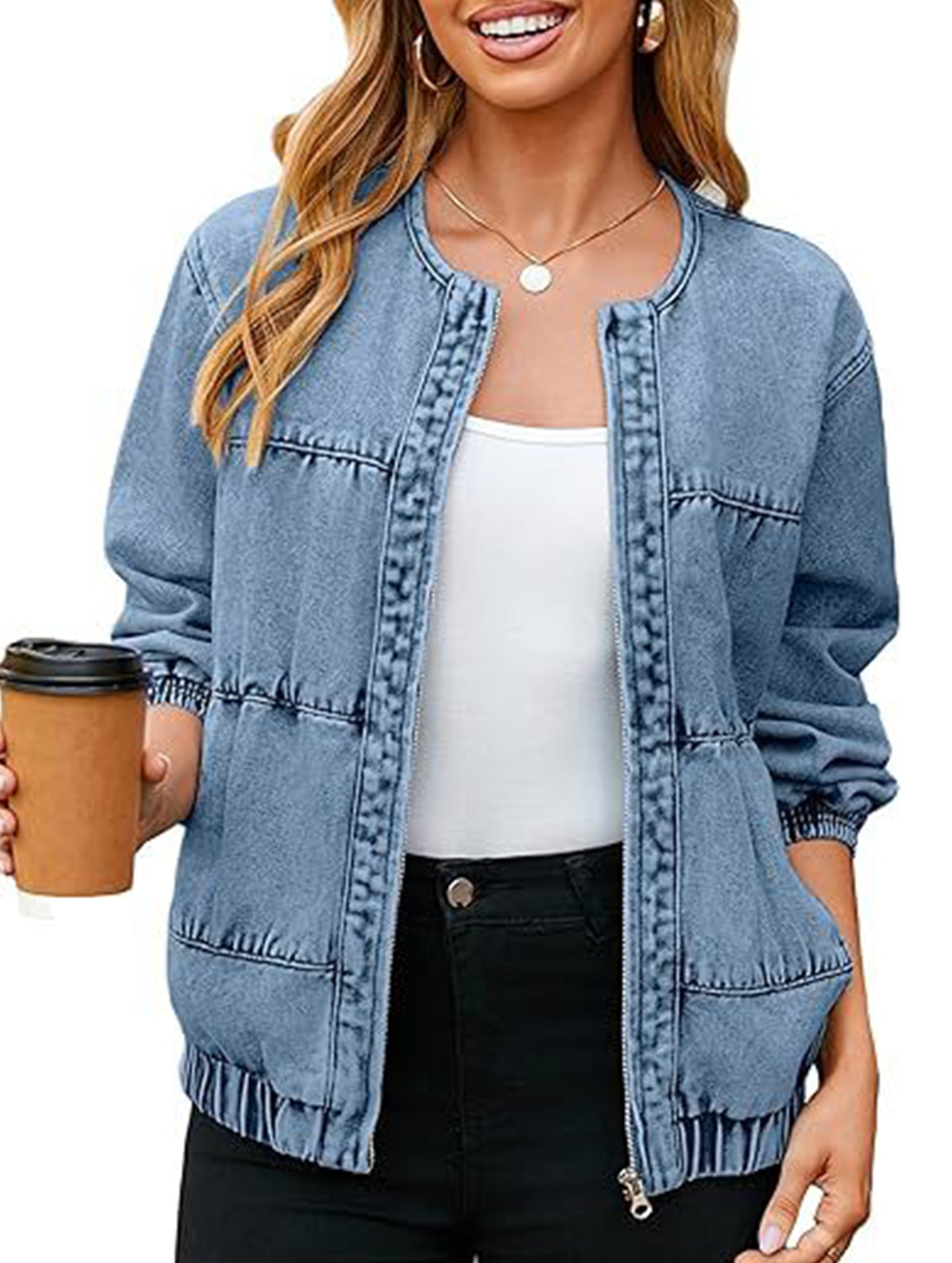 Washed loose-fitting crew neck zip-up denim jacket_CWOJA01692