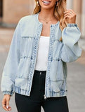 Washed loose-fitting crew neck zip-up denim jacket_CWOJA01692