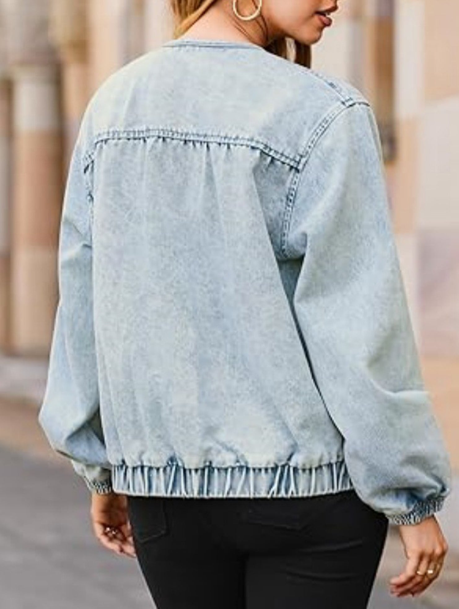 Washed loose-fitting crew neck zip-up denim jacket_CWOJA01692