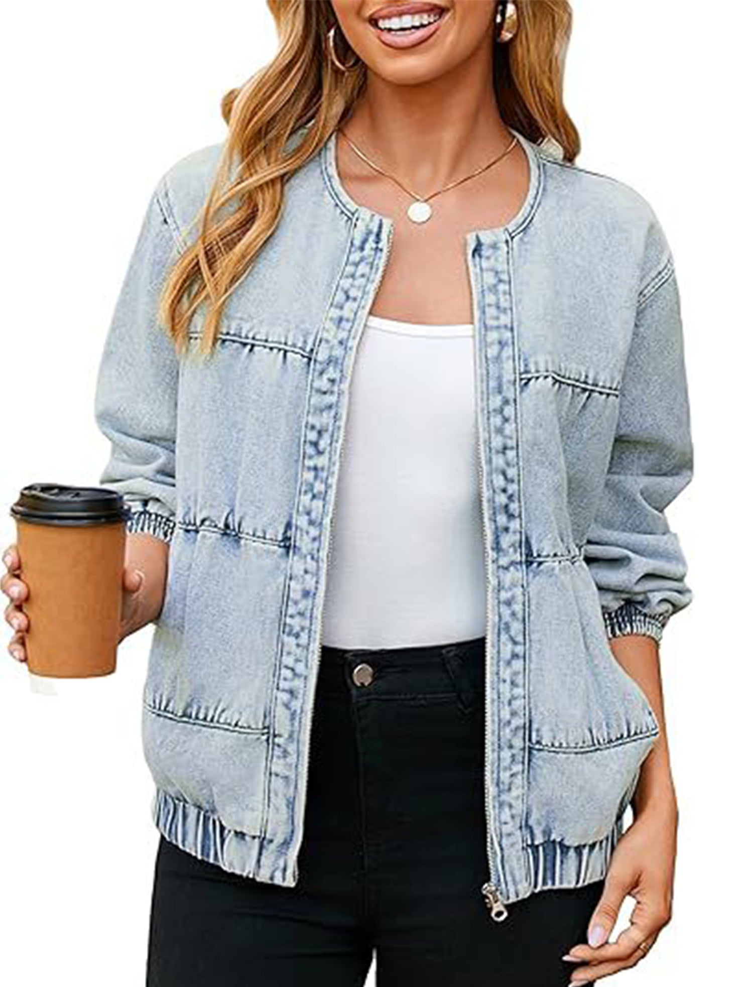Washed loose-fitting crew neck zip-up denim jacket_CWOJA01692