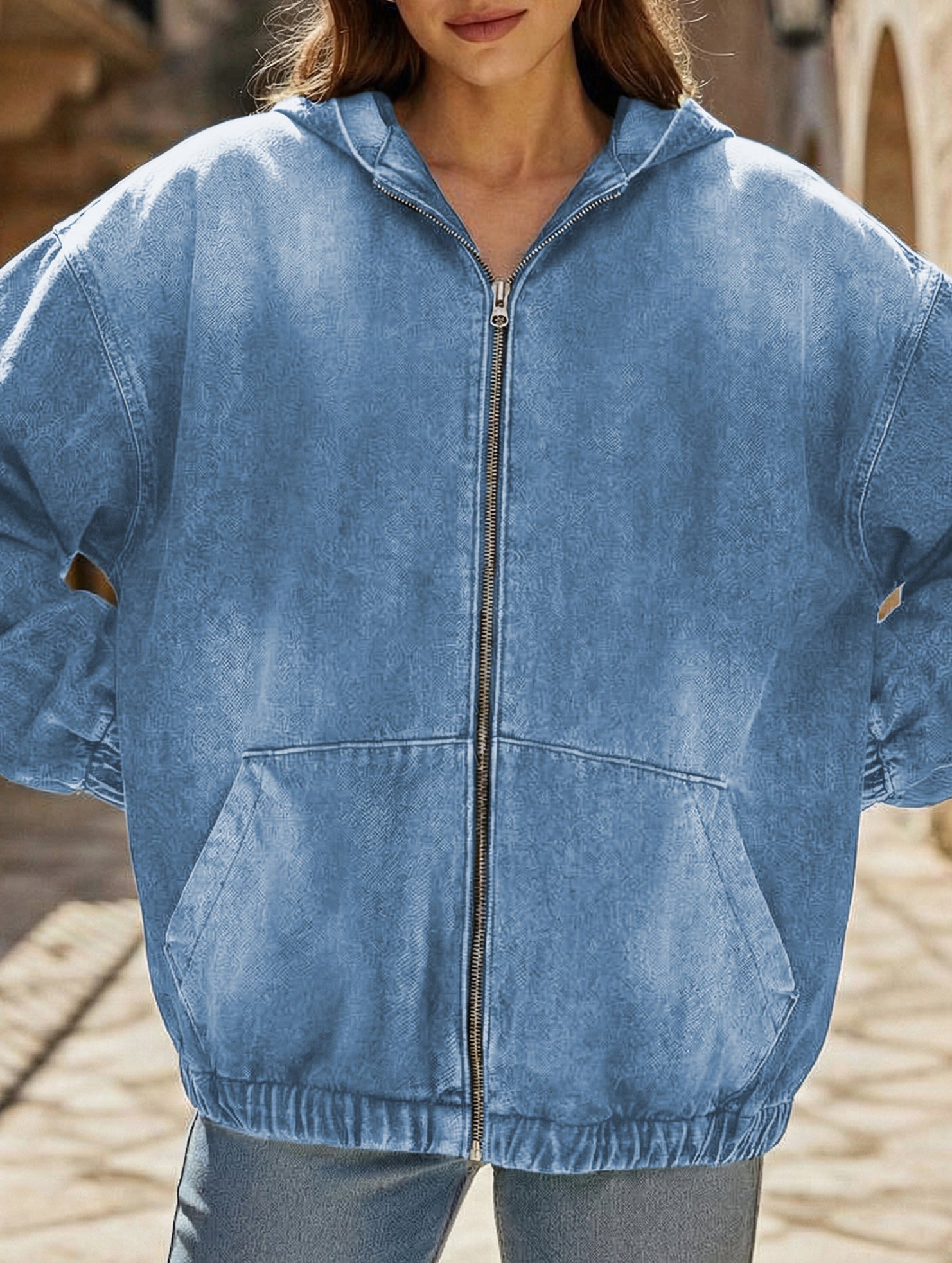 Women's zip-up hooded denim jacket with pockets_CWOJA01693