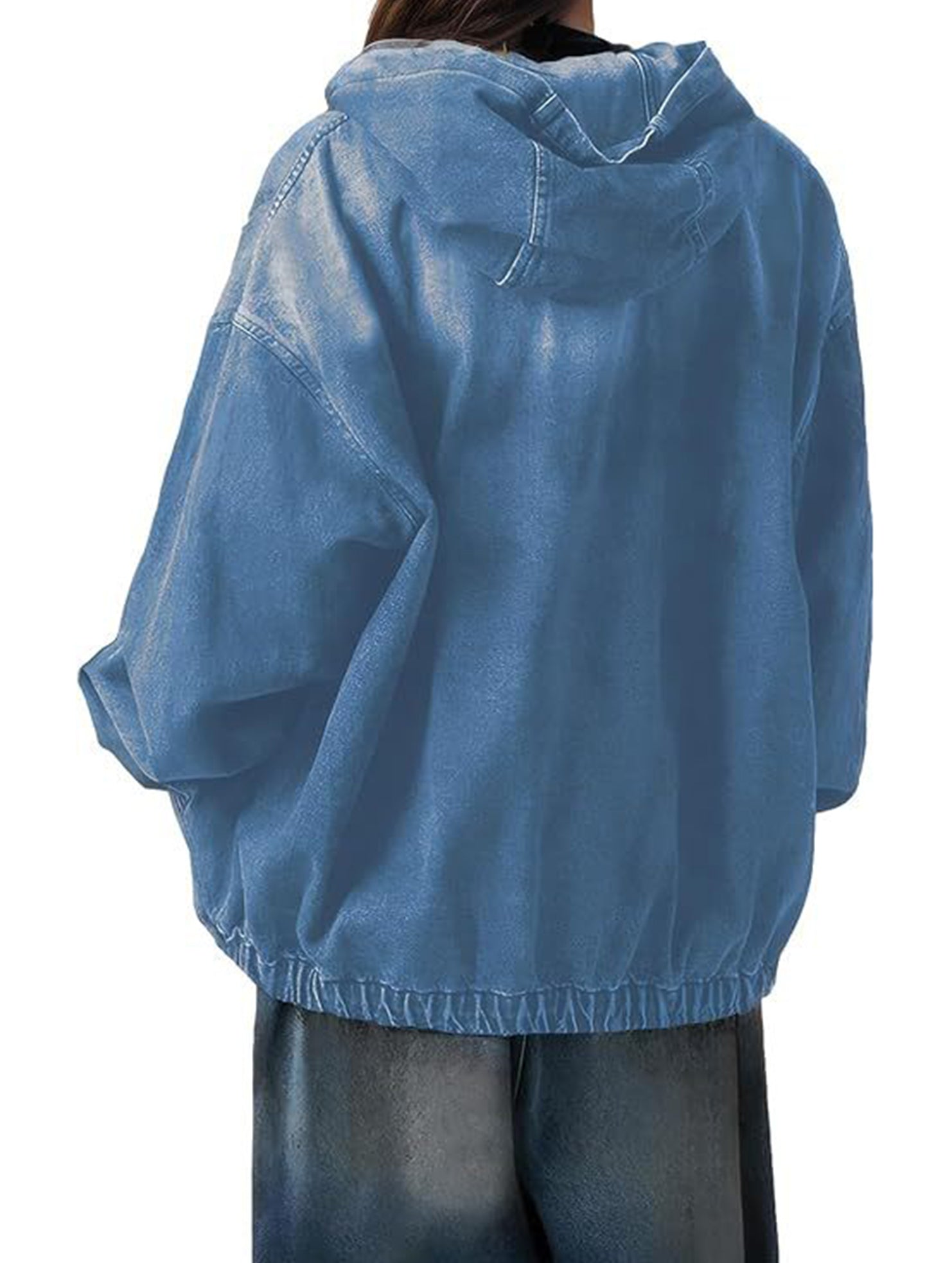 Women's zip-up hooded denim jacket with pockets_CWOJA01693