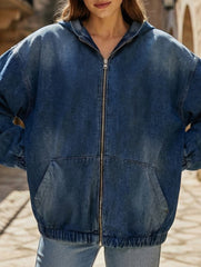 Women's zip-up hooded denim jacket with pockets_CWOJA01693