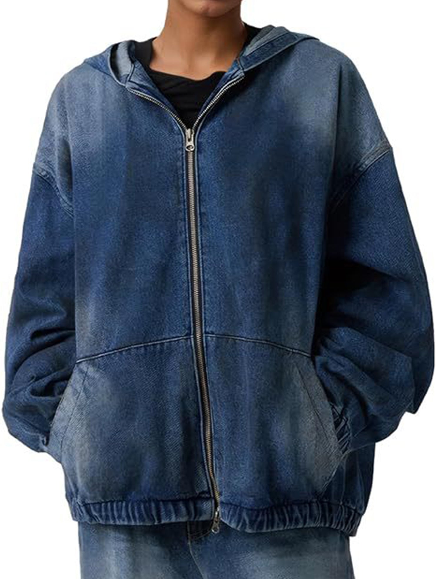 Women's zip-up hooded denim jacket with pockets_CWOJA01693