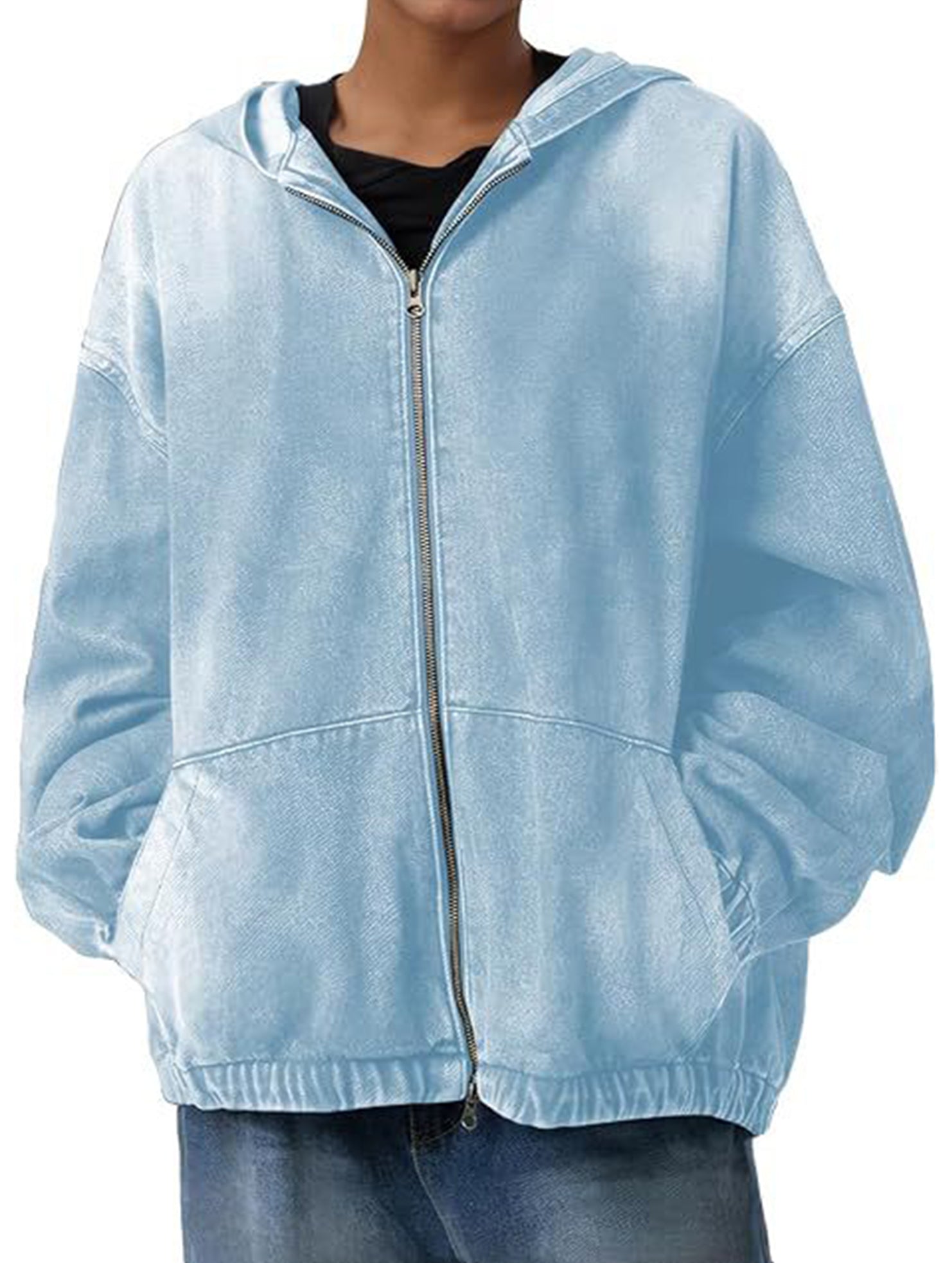 Women's zip-up hooded denim jacket with pockets_CWOJA01693