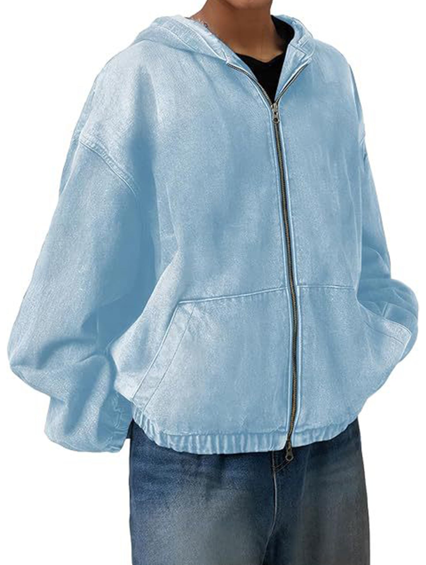 Women's zip-up hooded denim jacket with pockets_CWOJA01693