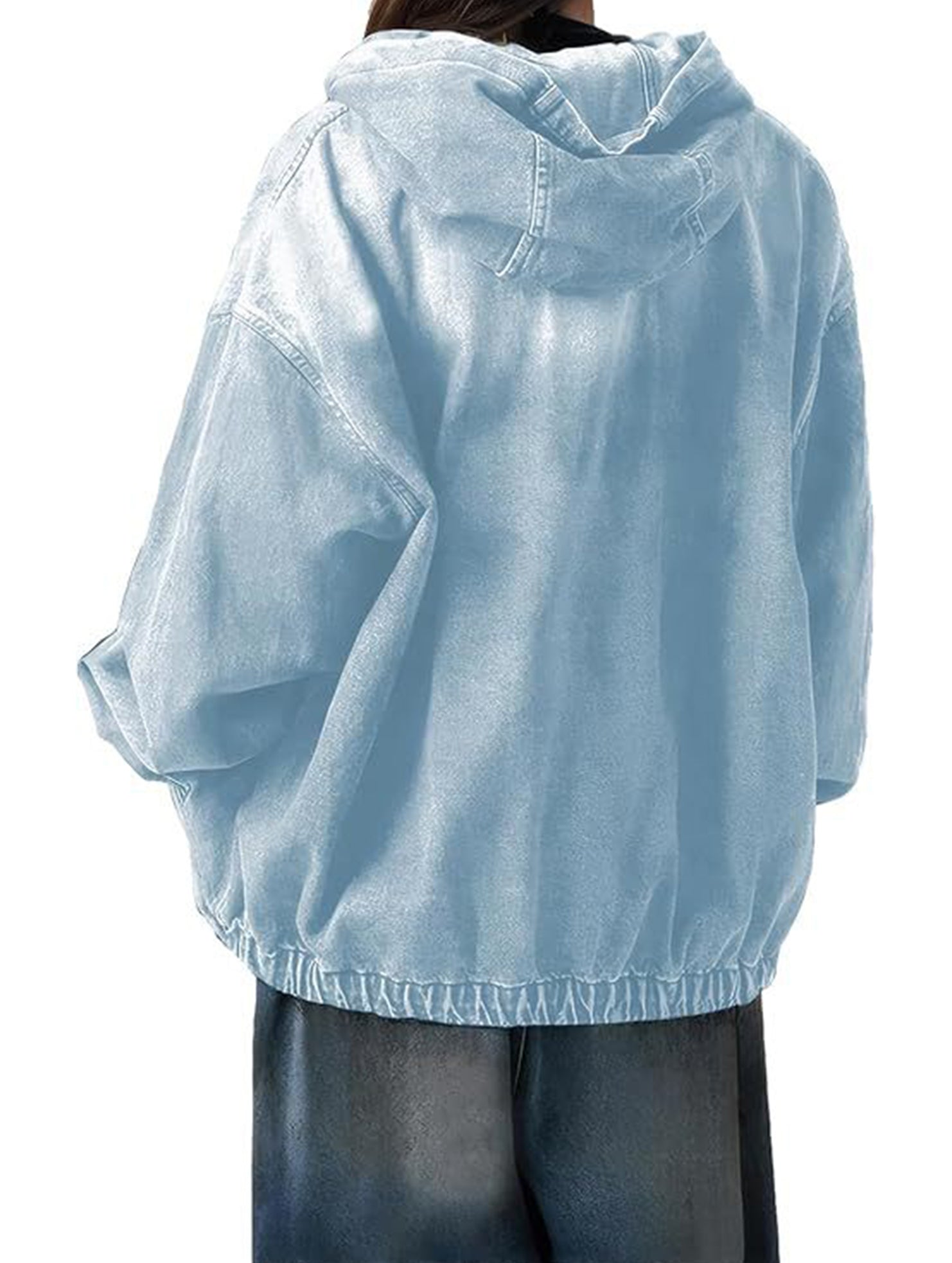 Women's zip-up hooded denim jacket with pockets_CWOJA01693
