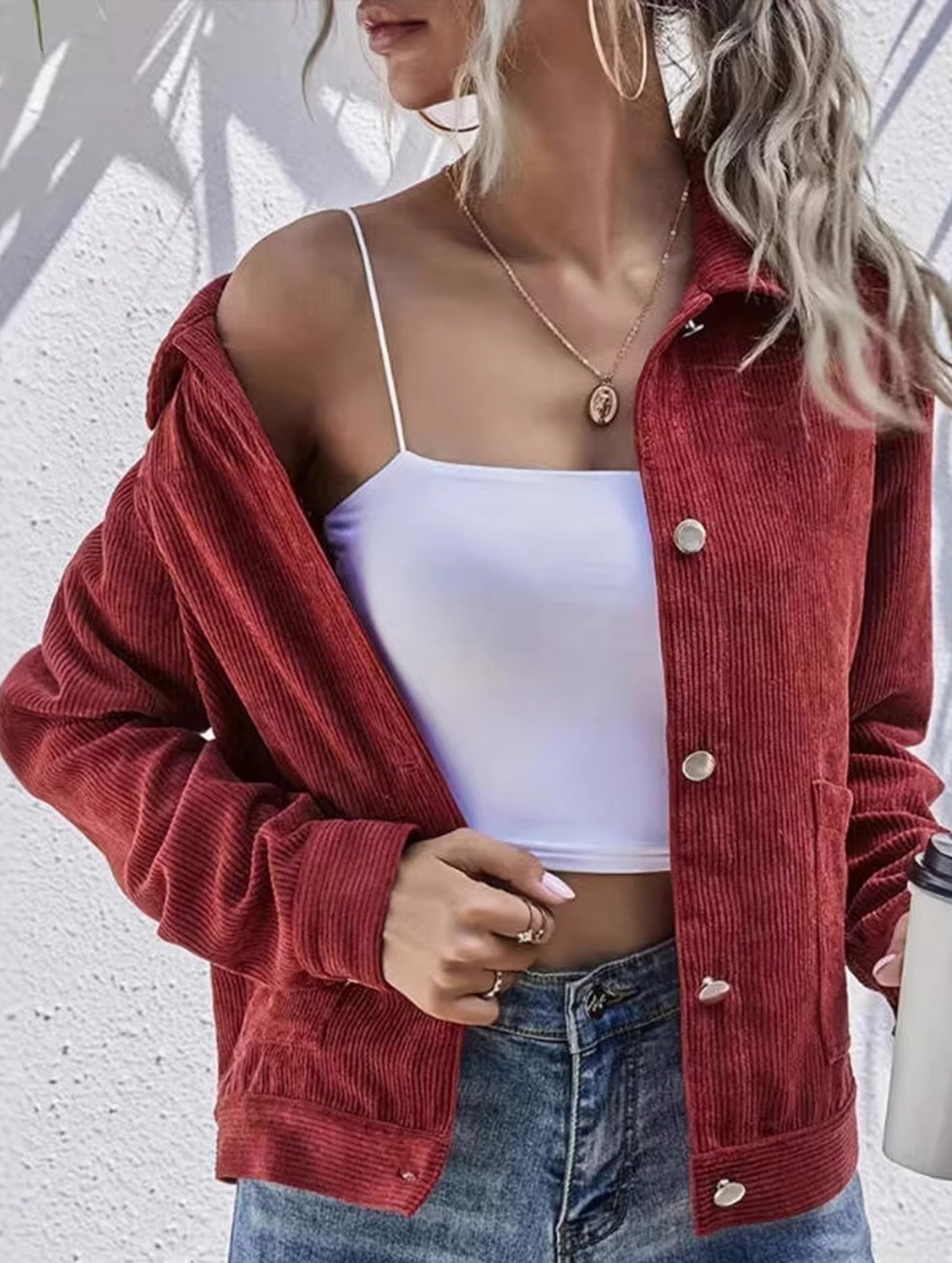 Solid Corduroy Button Front Casual Jacket