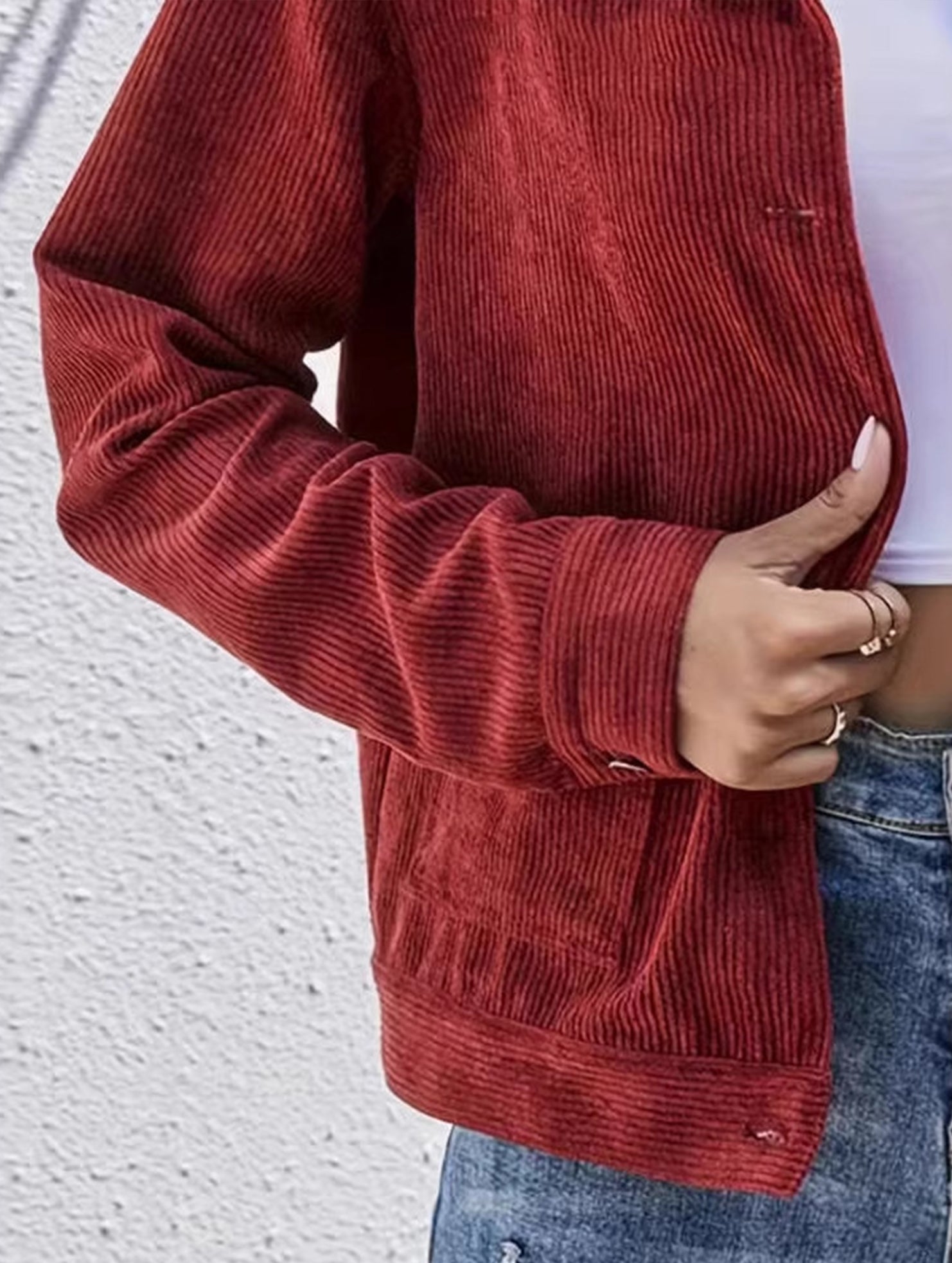 Solid Corduroy Button Front Casual Jacket