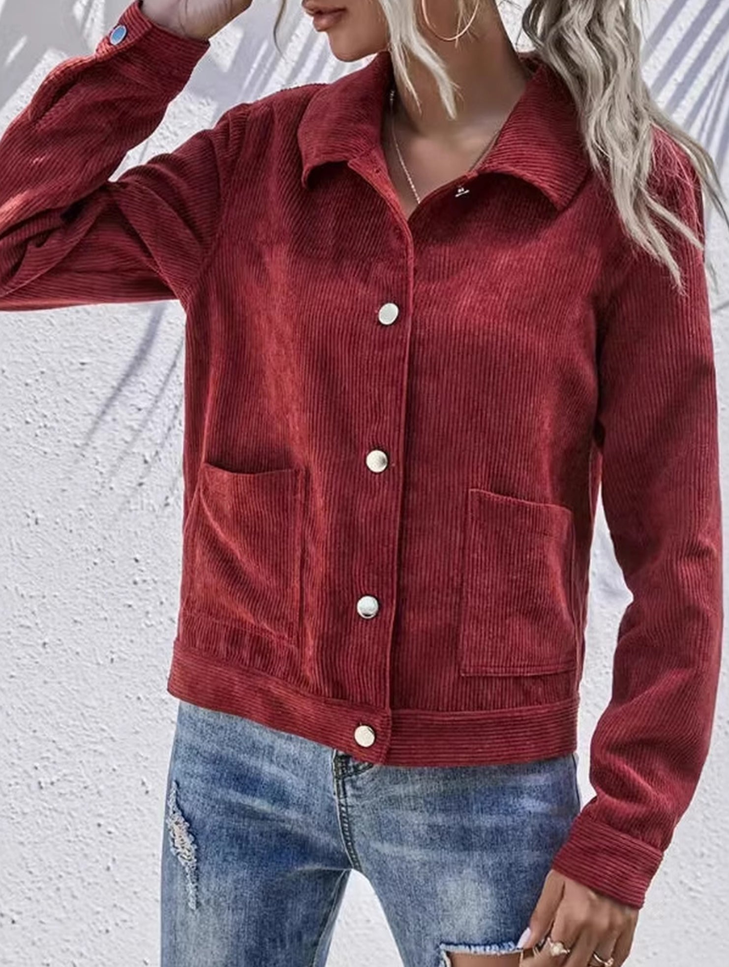 Solid Corduroy Button Front Casual Jacket