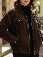 Brown Corduroy Lapel Casual Jacket for Women