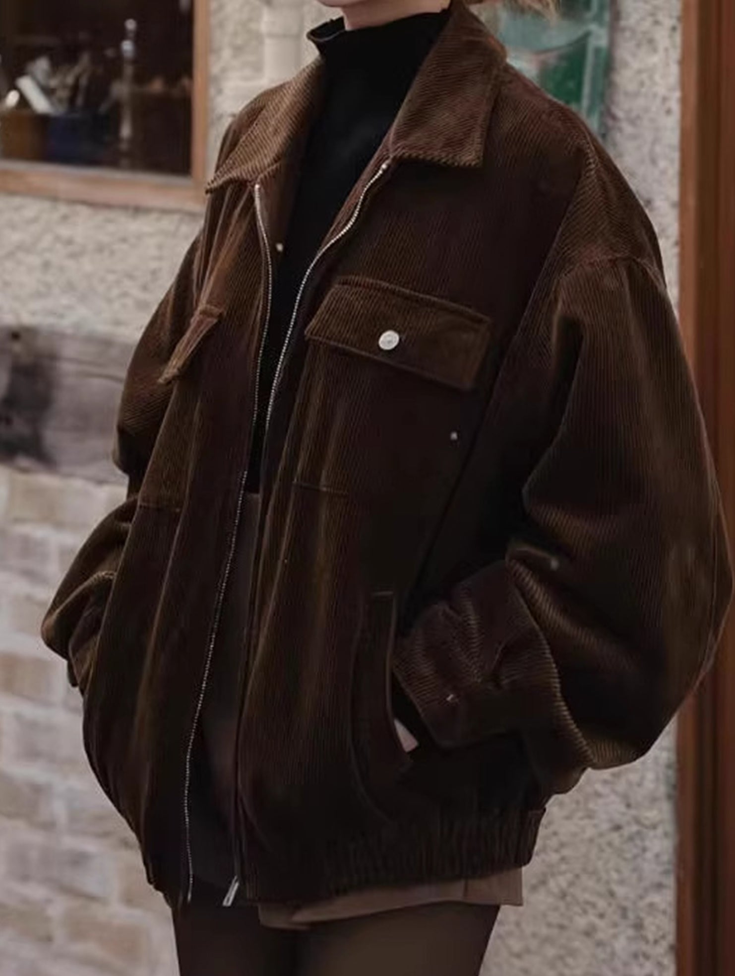 Brown Corduroy Lapel Casual Jacket for Women