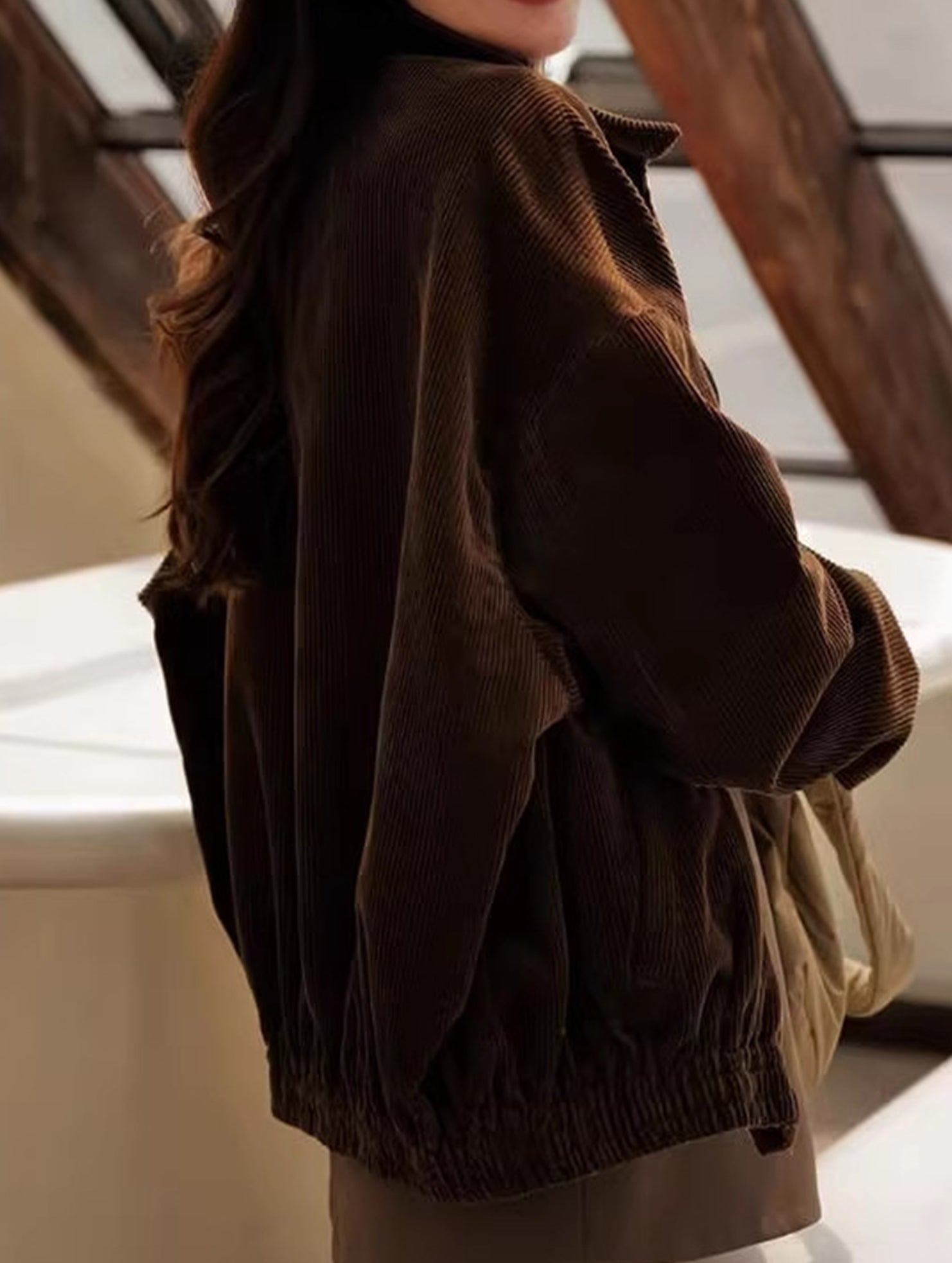 Brown Corduroy Lapel Casual Jacket for Women