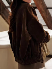 Brown Corduroy Lapel Casual Jacket for Women