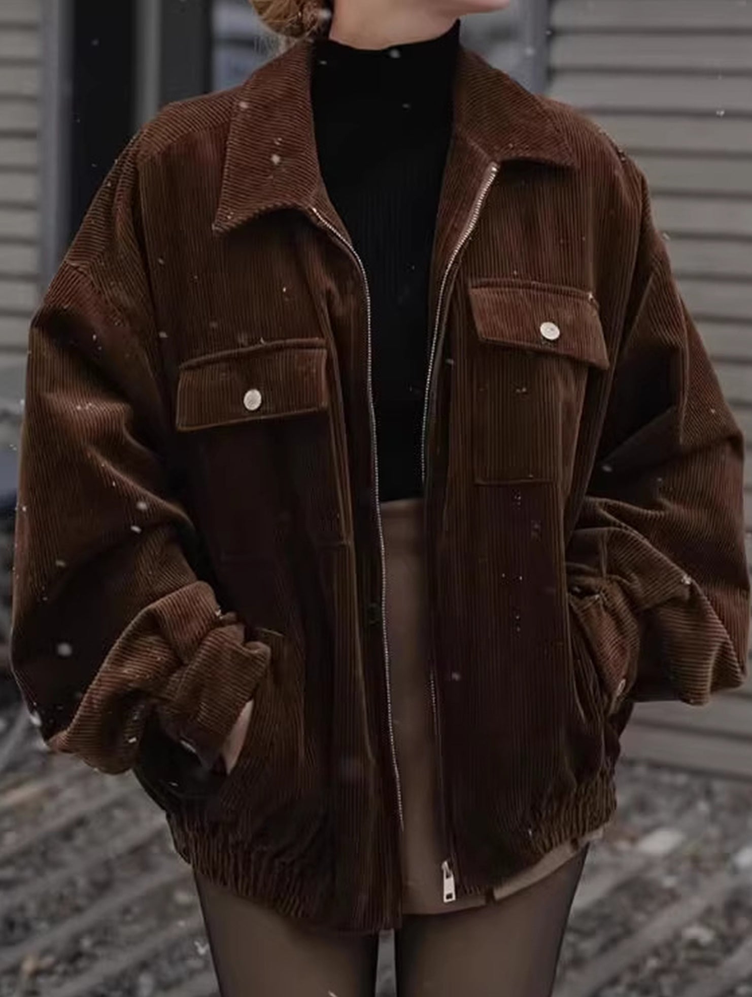Brown Corduroy Lapel Casual Jacket for Women