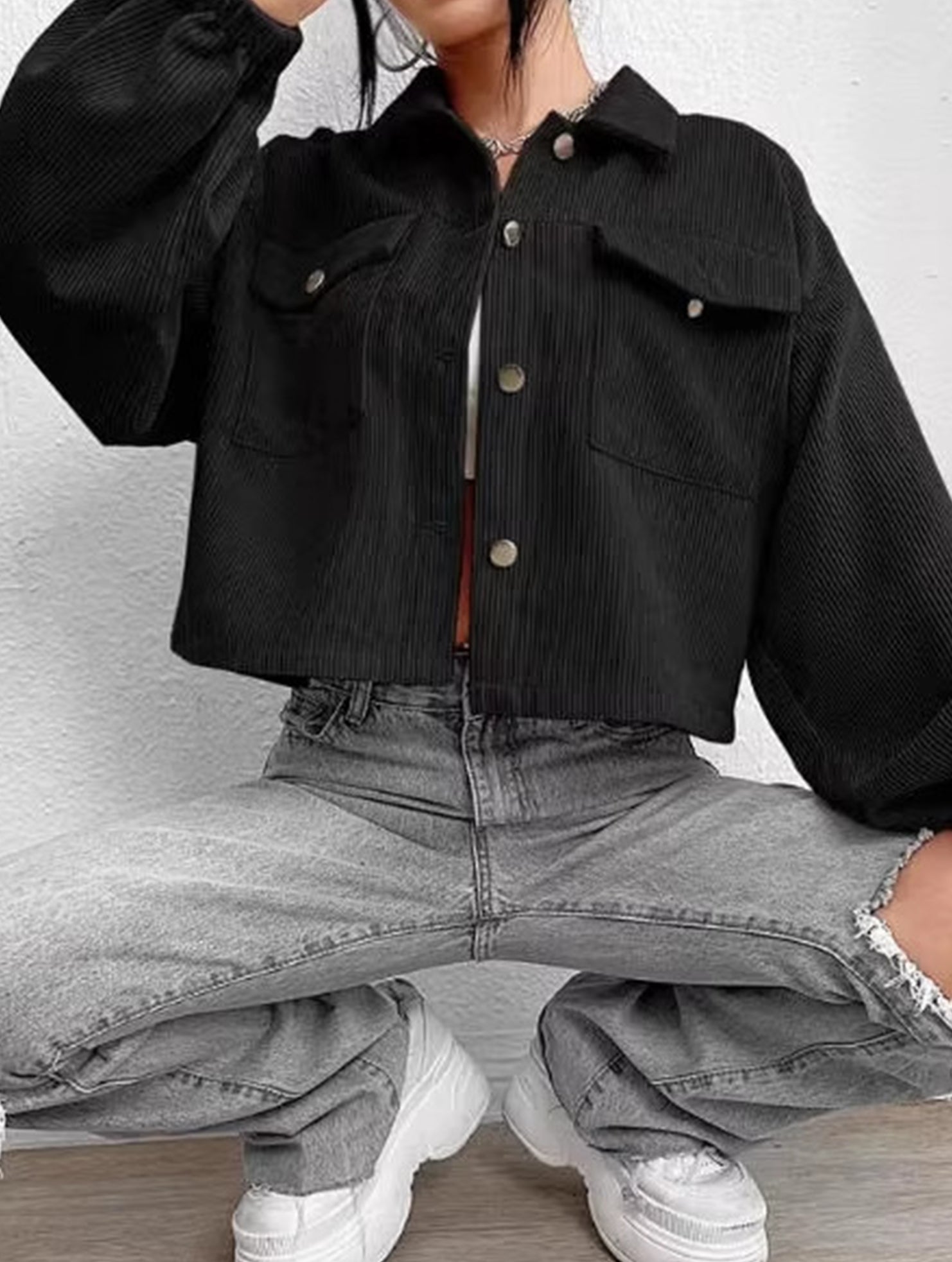 Drop Shoulder Corduroy Cropped Casual Jacket