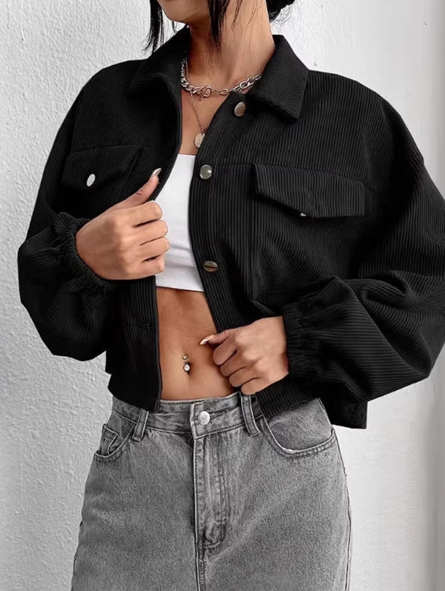 Drop Shoulder Corduroy Cropped Casual Jacket