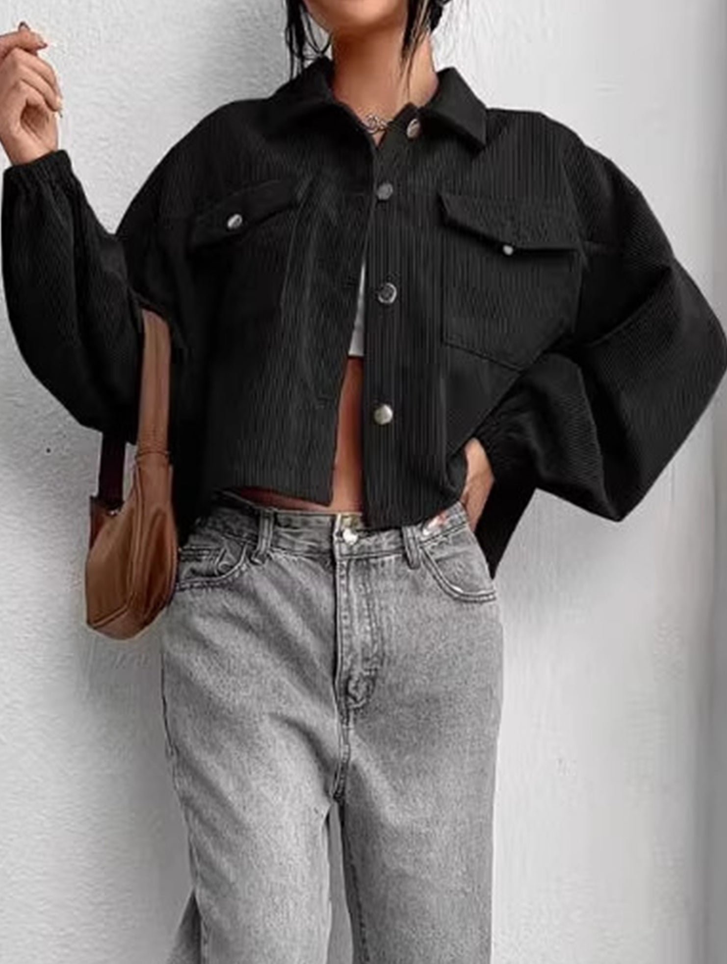 Drop Shoulder Corduroy Cropped Casual Jacket