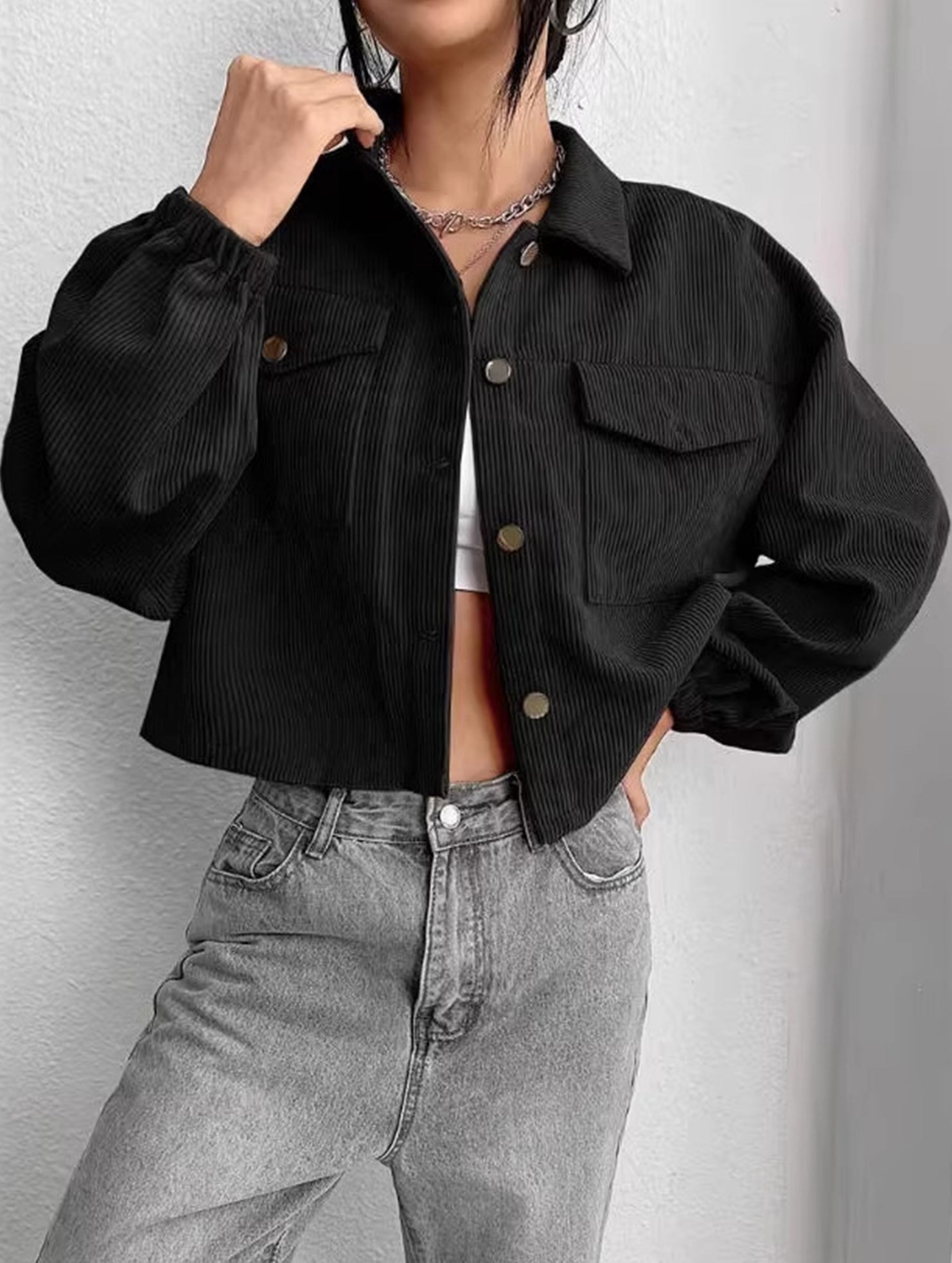 Drop Shoulder Corduroy Cropped Casual Jacket