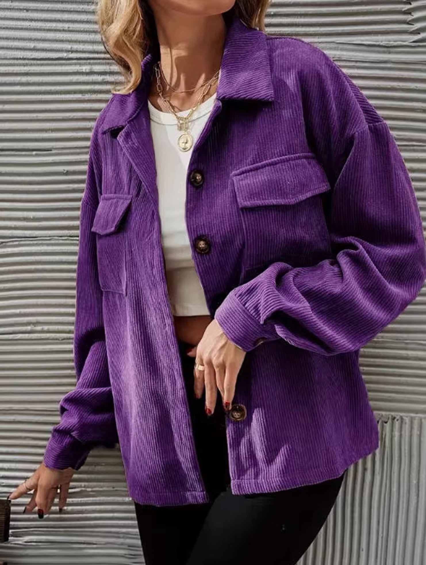 Purple Corduroy Loose Fit Casual Jacket