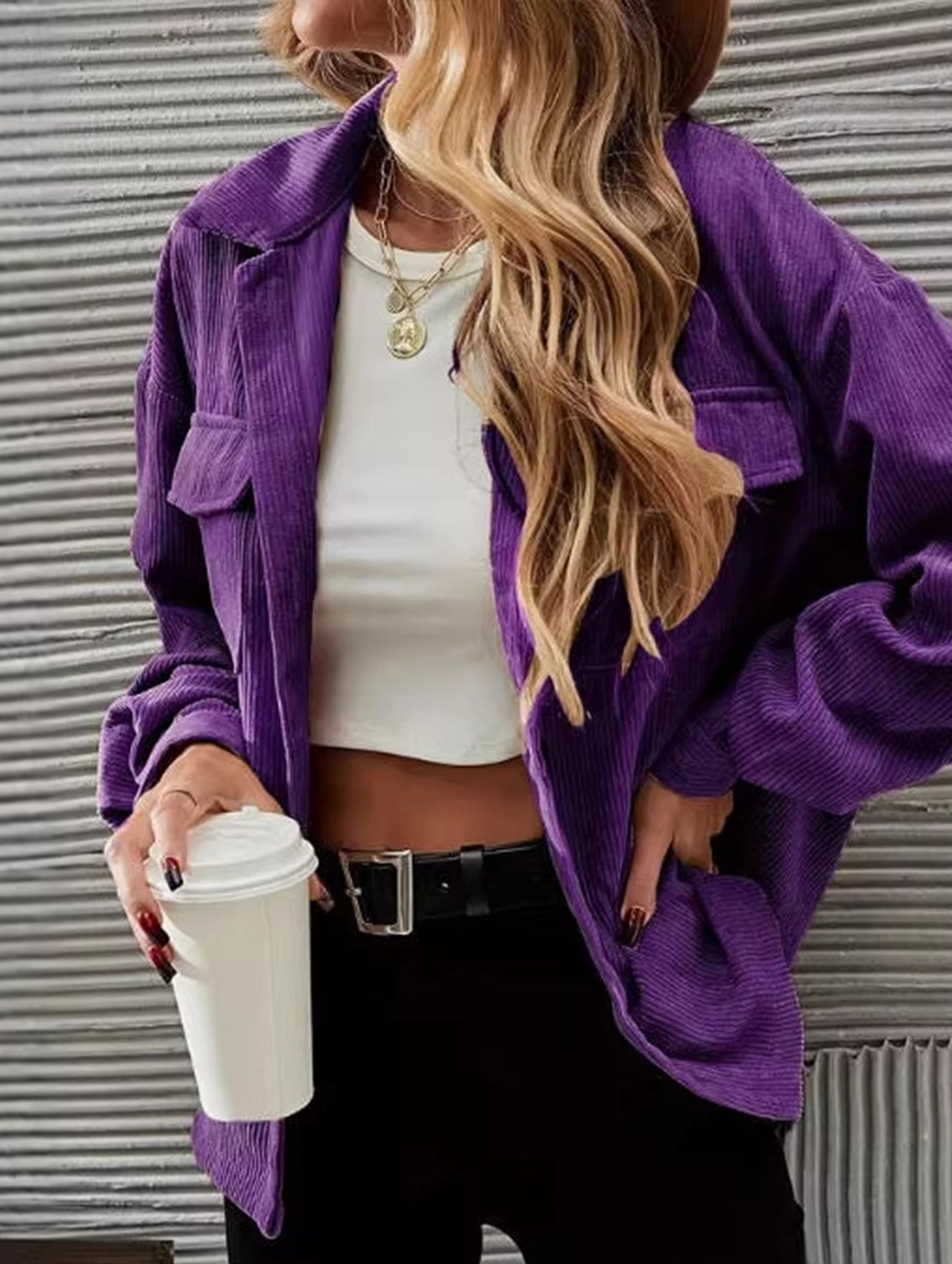 Purple Corduroy Loose Fit Casual Jacket