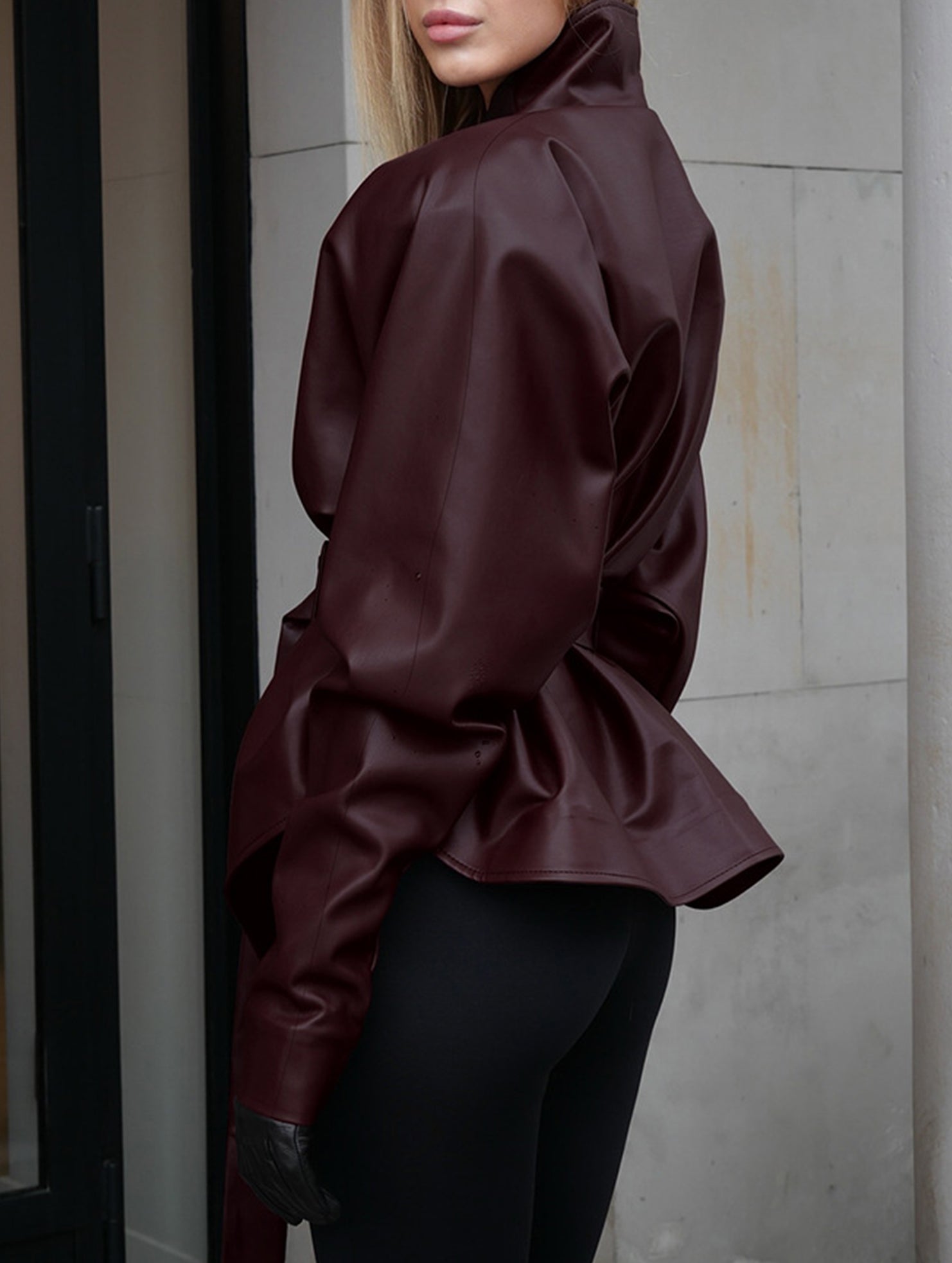 Moto Style Stand Collar Tie Waist Jacket