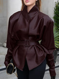 Moto Style Stand Collar Tie Waist Jacket